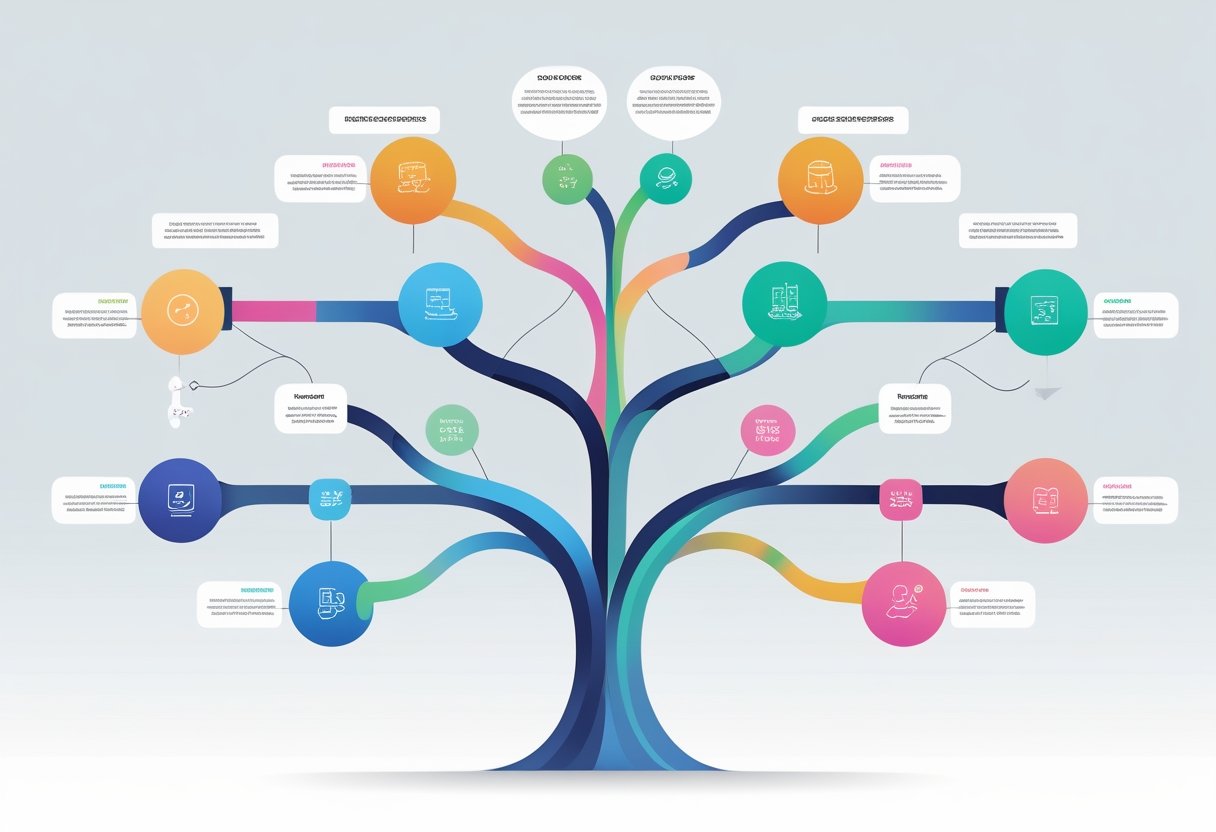 A clear diagram showing a branching tree with labeled nodes tracing inputs through steps to final impacts, designed for executive understanding.