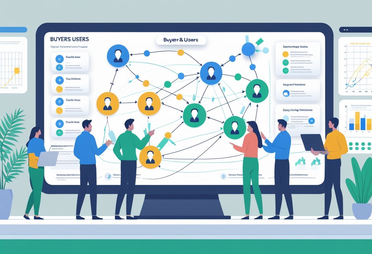 A group of professionals collaborating around a large digital display showing interconnected icons representing buyers, users, and their tasks, in a modern office setting.
