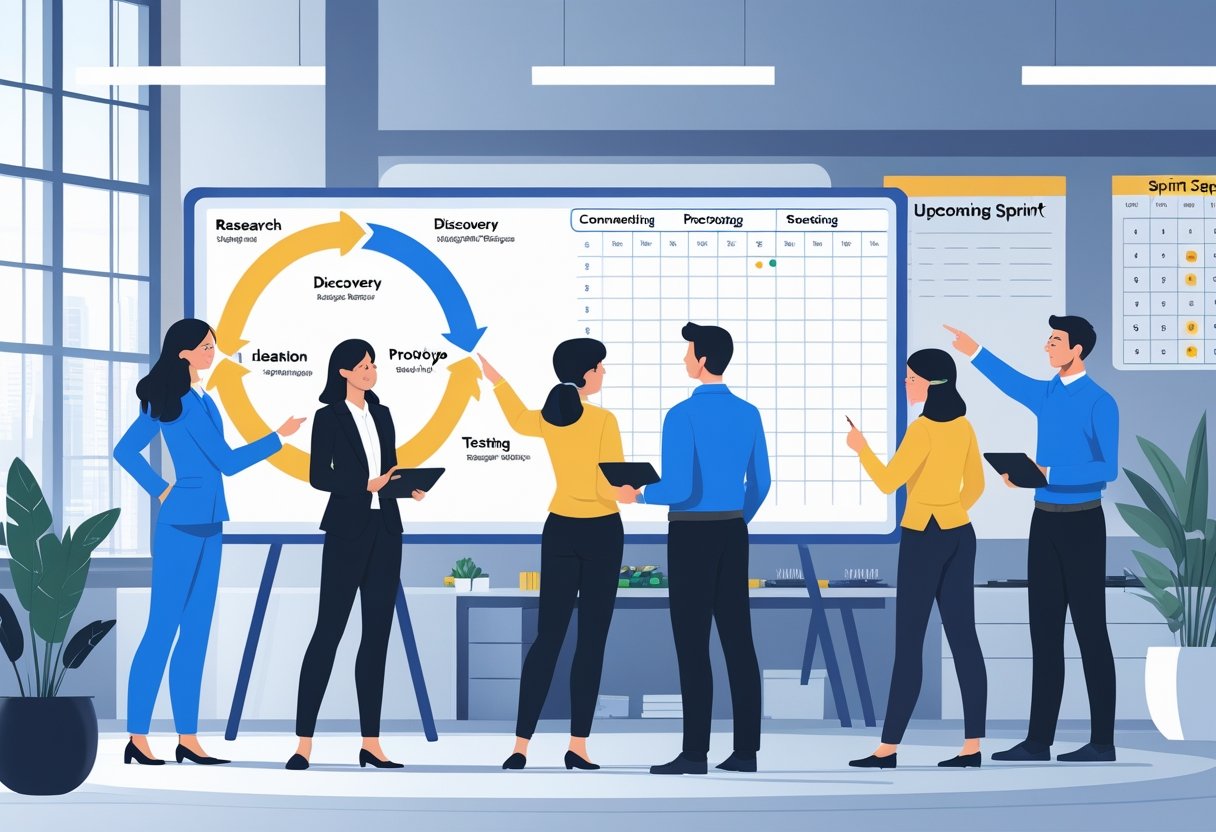 A team of four professionals collaborating around a digital whiteboard showing a circular discovery loop diagram in a modern office setting.