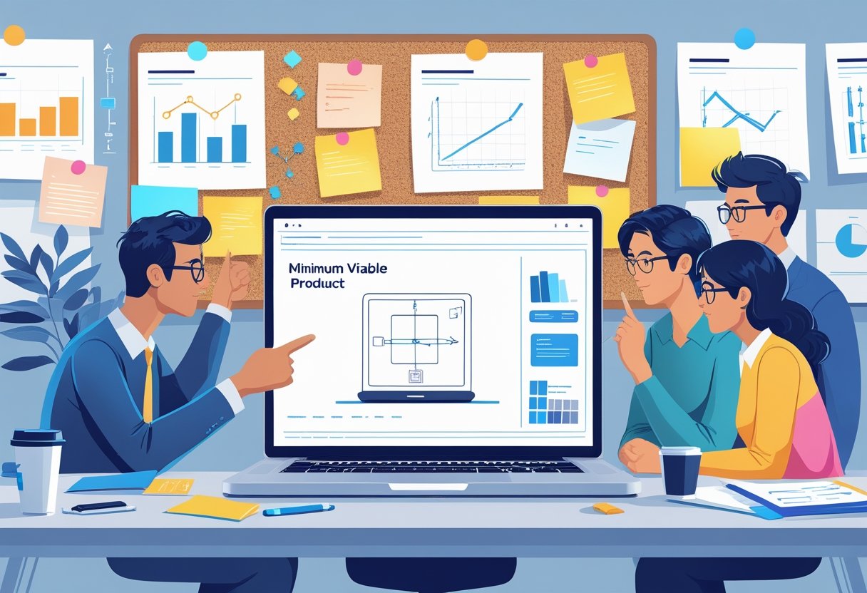Three professionals collaborating around a laptop showing a simple product prototype, with sketches and notes on a board behind them in a modern office setting.