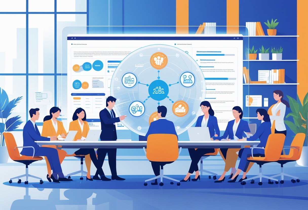 A group of professionals collaborating around a table with charts and digital devices, focusing on a holographic interface showing interconnected customer needs and solutions.