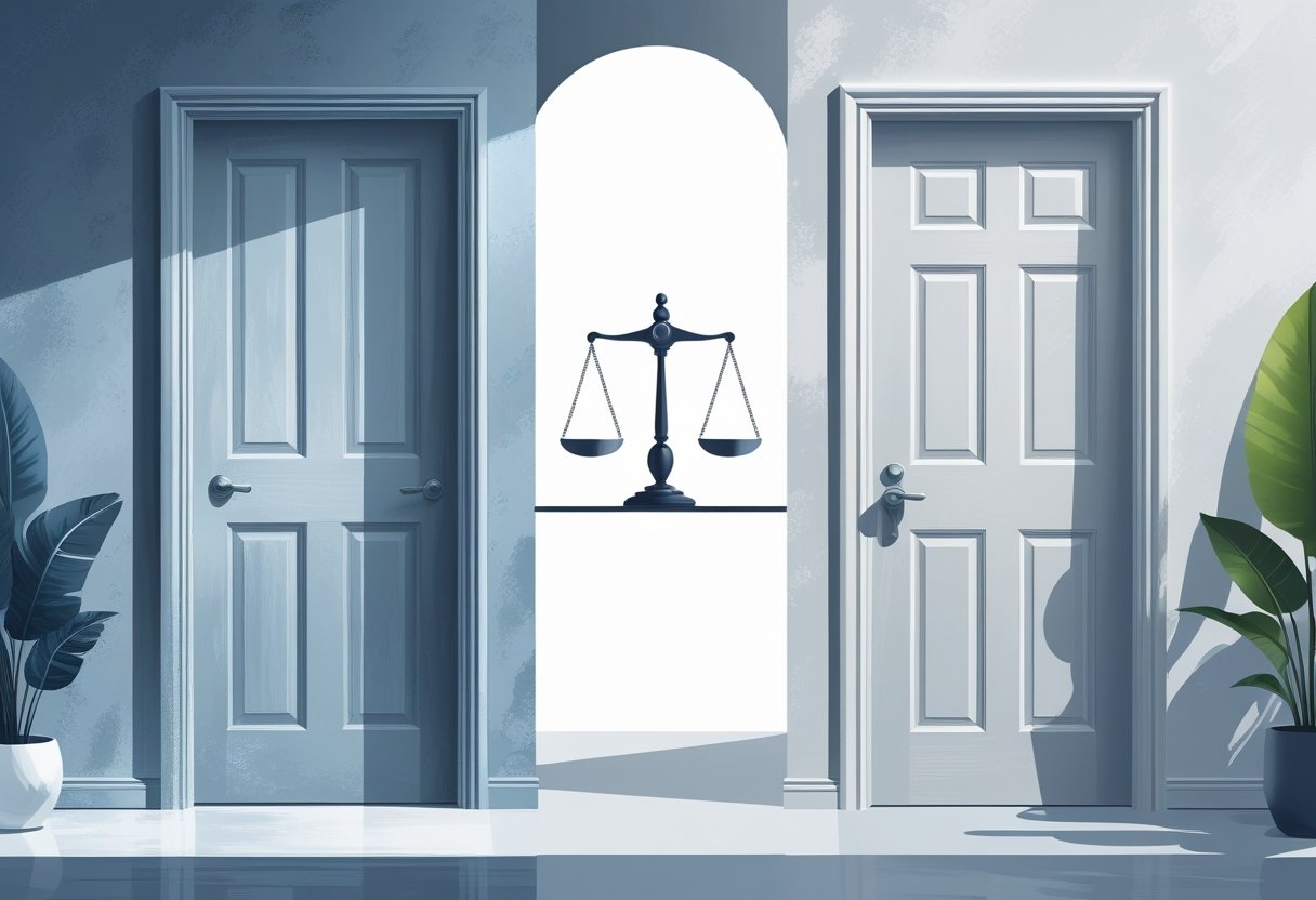 An illustration showing a painted door on a wall on the left and an empty door frame on the right, with a balanced scale between them symbolizing ethical decision-making.