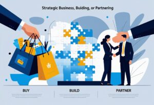 Three scenes showing a hand holding a shopping bag, a person assembling puzzle pieces, and two people shaking hands over a contract.