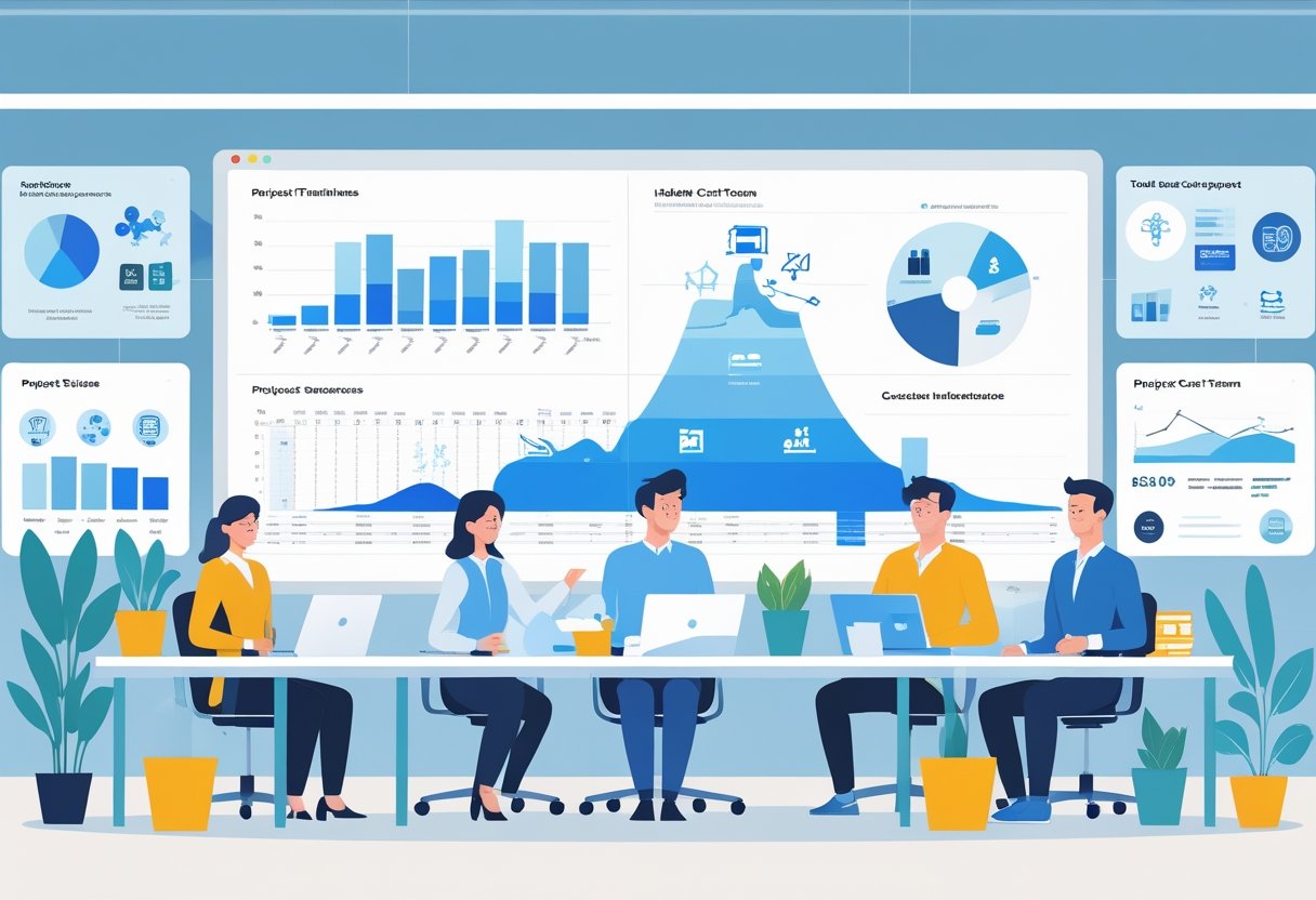 A diverse team of professionals collaborating around a table with charts and devices, analyzing hidden costs in product development.