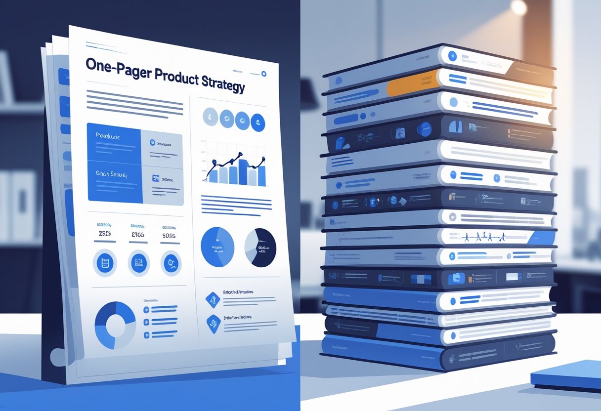 A clean, organized single-page document contrasted with a cluttered stack of multiple presentation slides on a desk in an office setting.