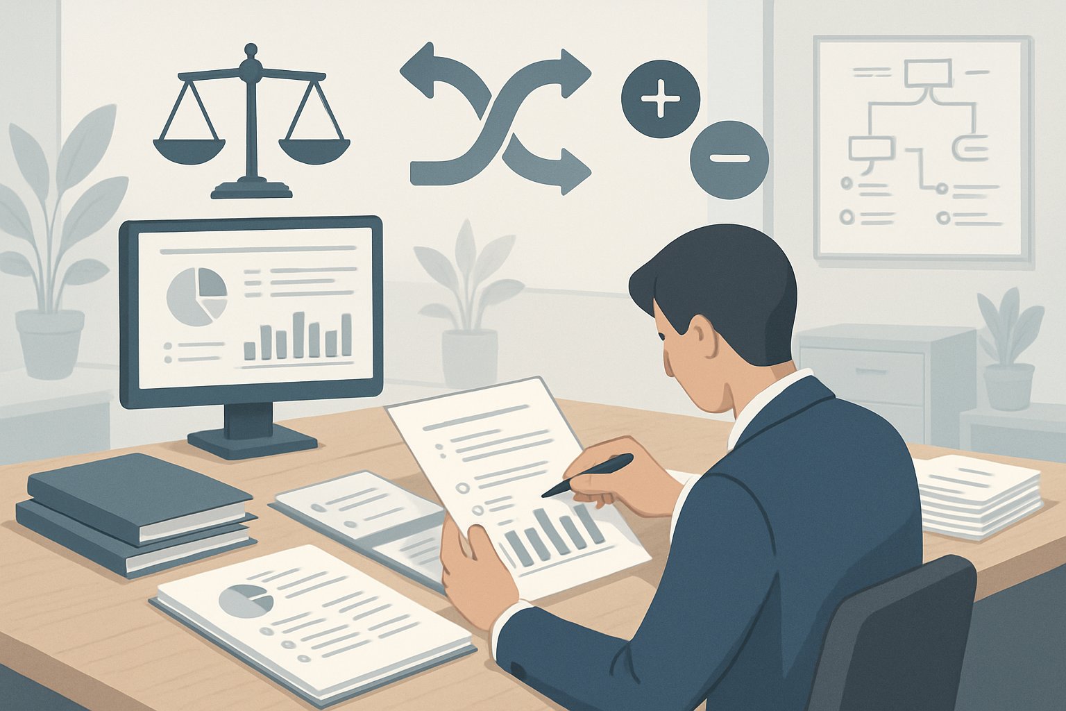A person in an office reviewing documents on a desk with charts and symbols representing decision-making and trade-offs.