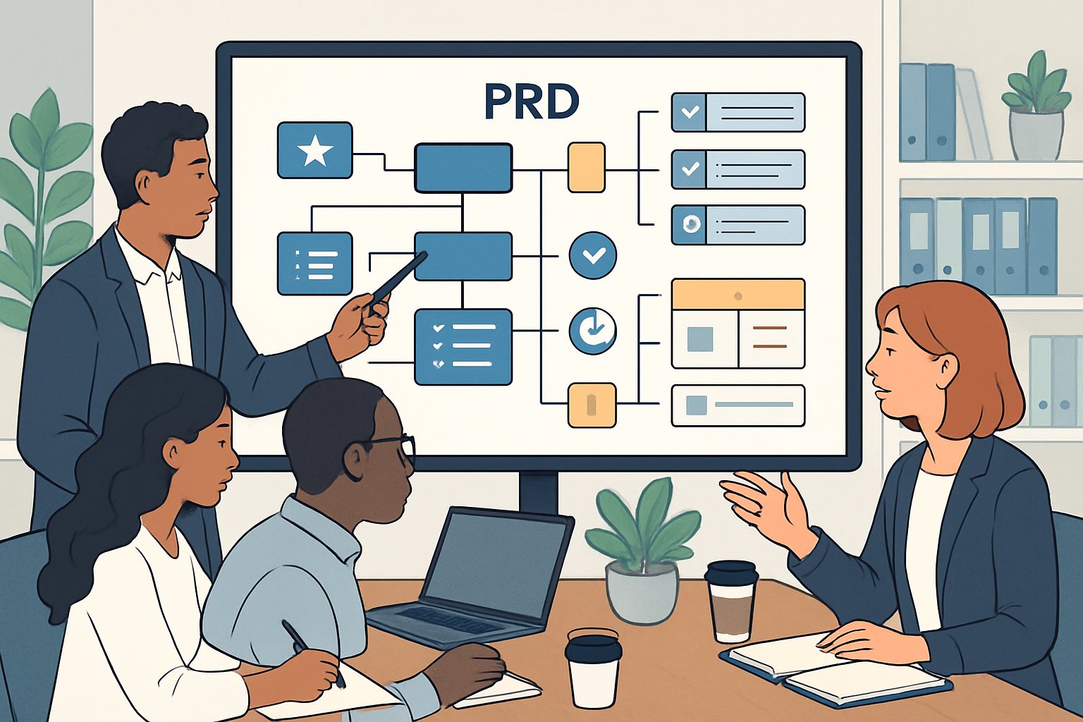 A group of professionals collaborating around a large digital screen displaying a detailed flowchart representing a product plan in a modern office setting.