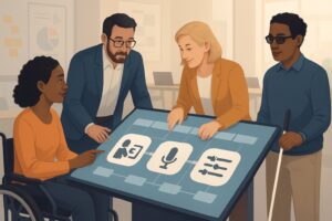 A diverse group of people, including individuals with disabilities, collaborating around a digital table displaying a product roadmap with accessibility feature icons in a modern office setting.