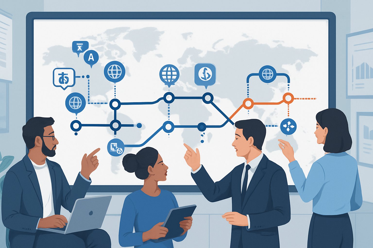 A group of professionals collaborating around a digital roadmap showing global regions and milestones related to international product development.