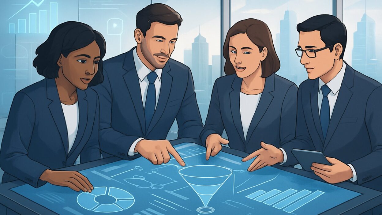 A diverse team of business professionals collaborating around a digital table displaying market analysis charts in a modern office with a city skyline visible through large windows.