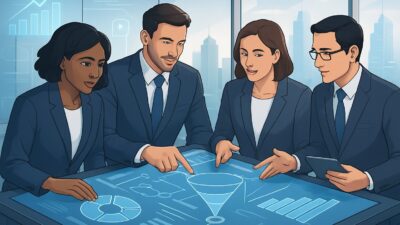 A diverse team of business professionals collaborating around a digital table displaying market analysis charts in a modern office with a city skyline visible through large windows.