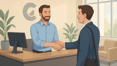 An employee warmly welcoming a new customer with a handshake in a modern office reception area.