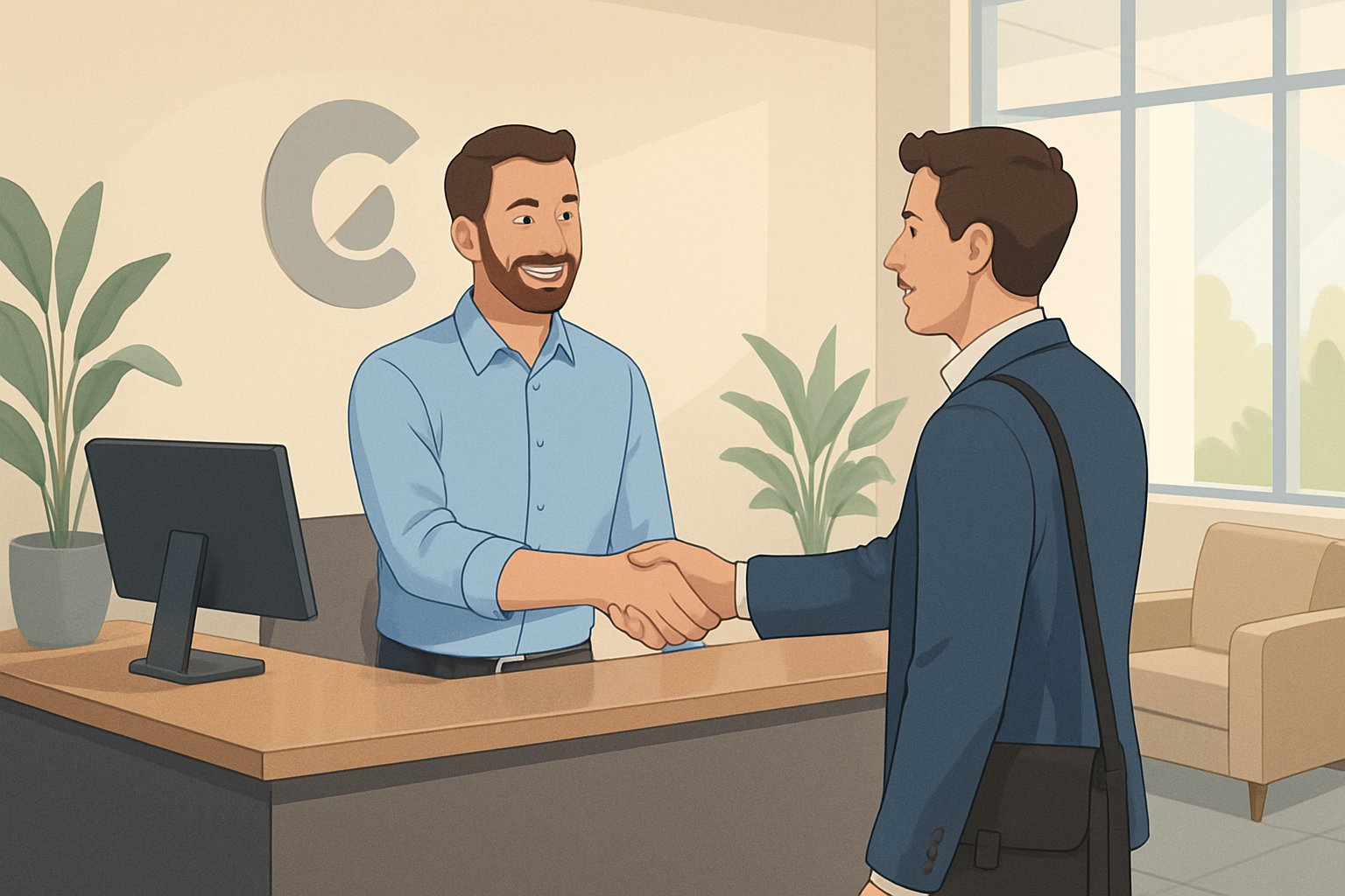 An employee warmly welcoming a new customer with a handshake in a modern office reception area.