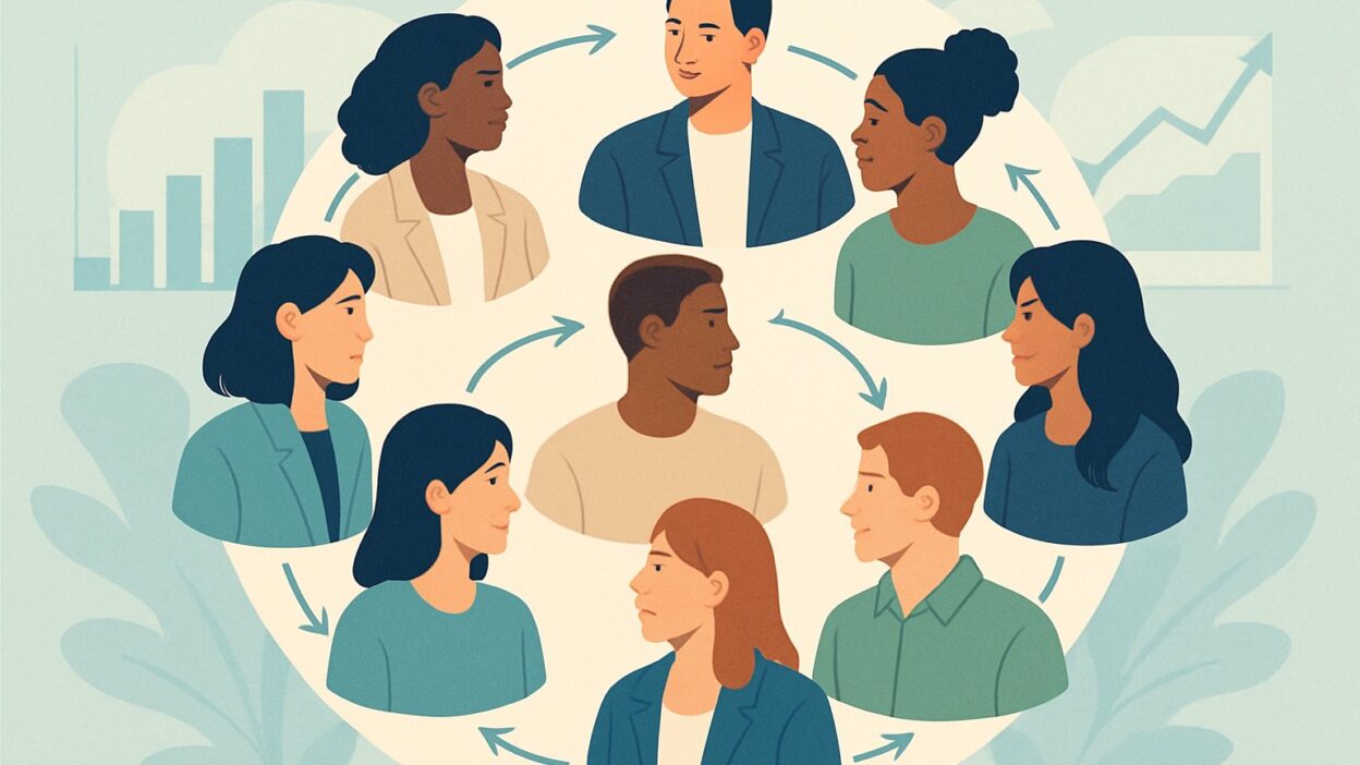A group of diverse people connected in a circle with lines showing ongoing interaction, surrounded by abstract charts representing data and progress.