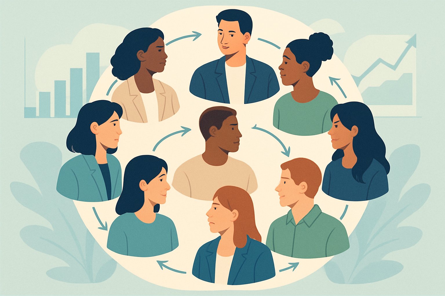 A group of diverse people connected in a circle with lines showing ongoing interaction, surrounded by abstract charts representing data and progress.