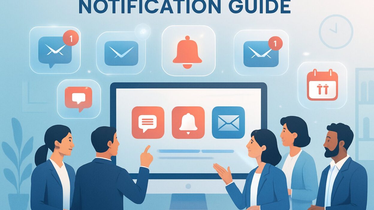A group of professionals interacting with a large computer screen showing various notification icons and floating alert bubbles in a modern office setting.