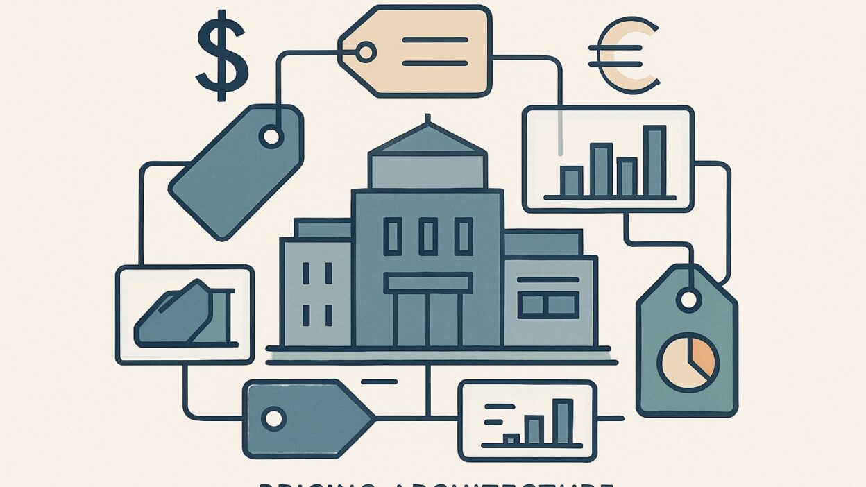 An organized illustration showing a central building surrounded by interconnected price tags, charts, and currency symbols representing pricing structure.