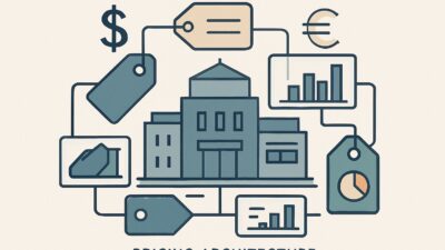An organized illustration showing a central building surrounded by interconnected price tags, charts, and currency symbols representing pricing structure.