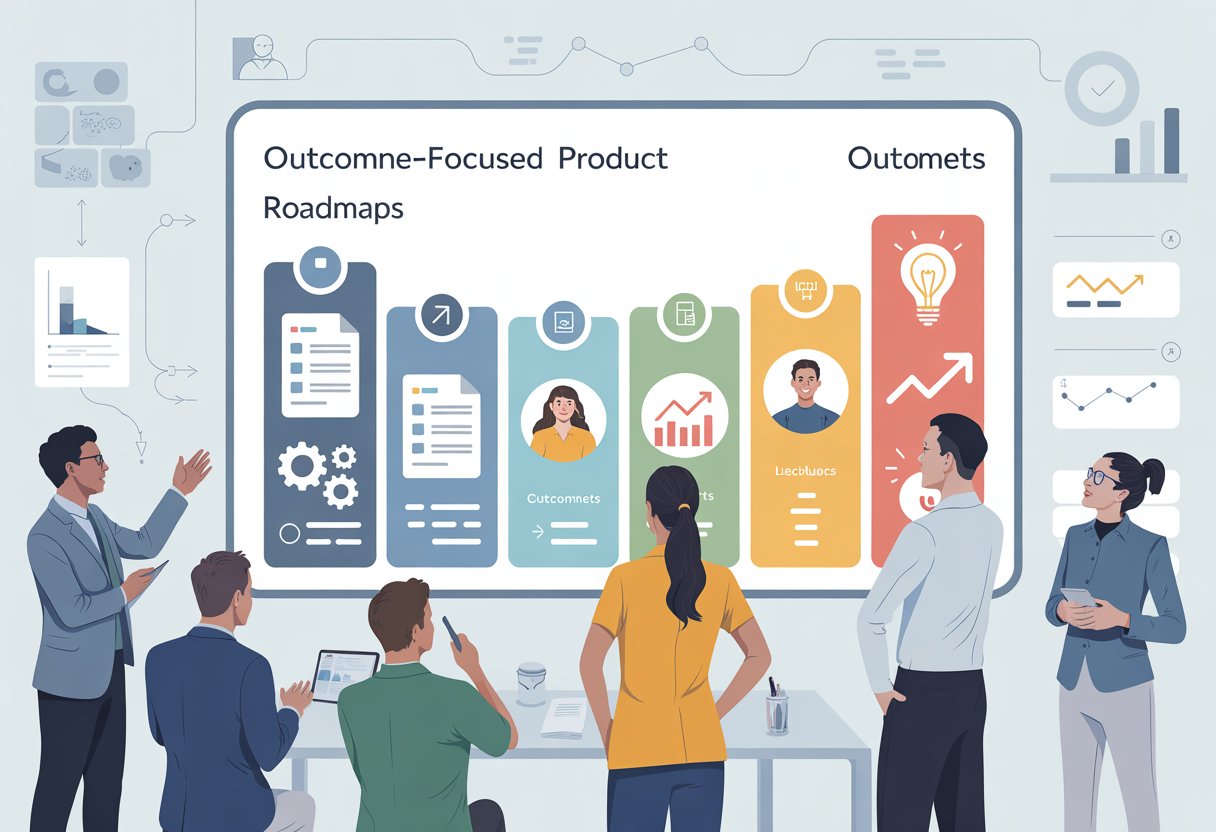 A group of professionals collaborating around a digital board showing a product roadmap transitioning from outputs to outcomes with icons and graphs.