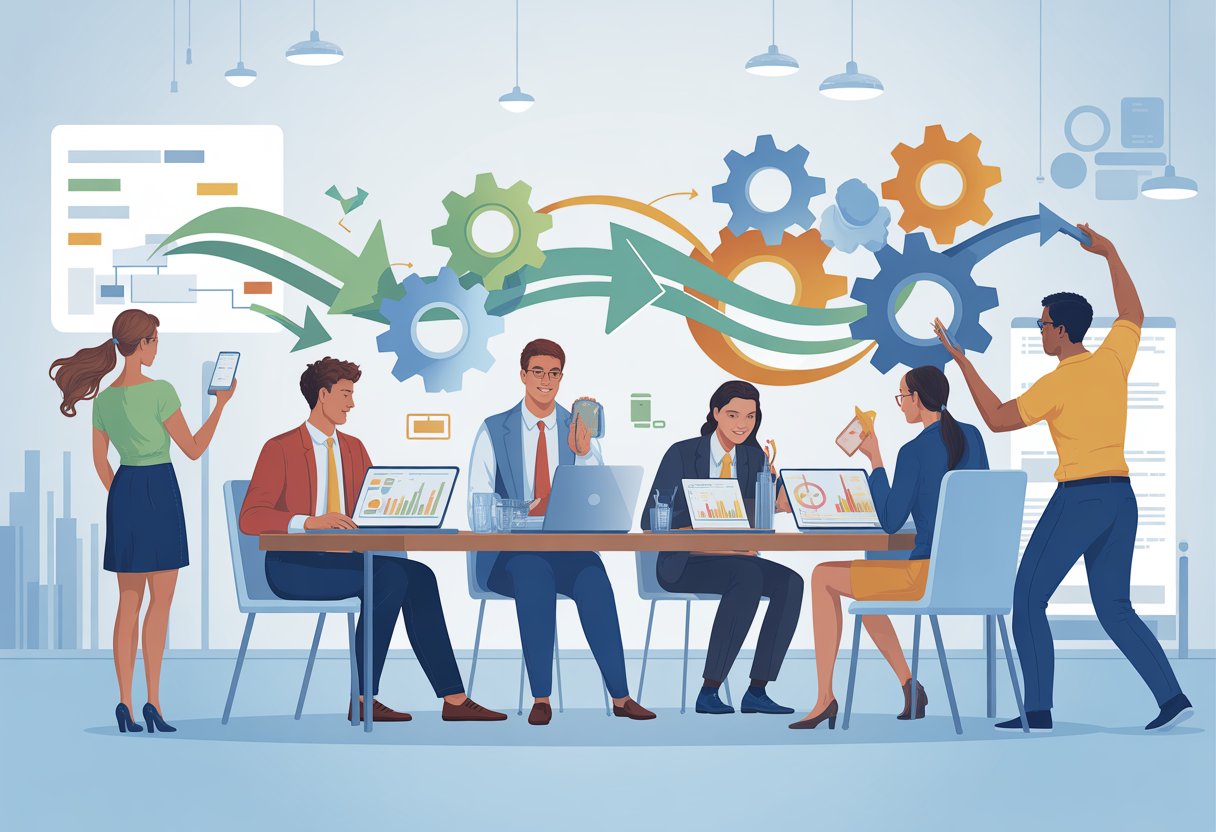 A diverse product team collaborating around a table with laptops and charts, surrounded by interconnected gears and arrows symbolizing clear roles and fast progress.