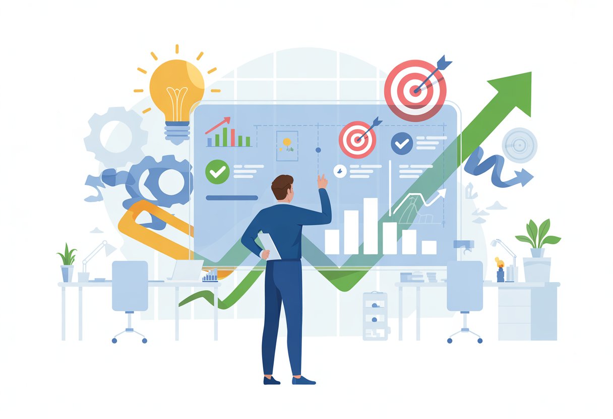 A business professional pointing at a digital screen showing goal icons, graphs, and symbols representing planning and progress in a modern office.